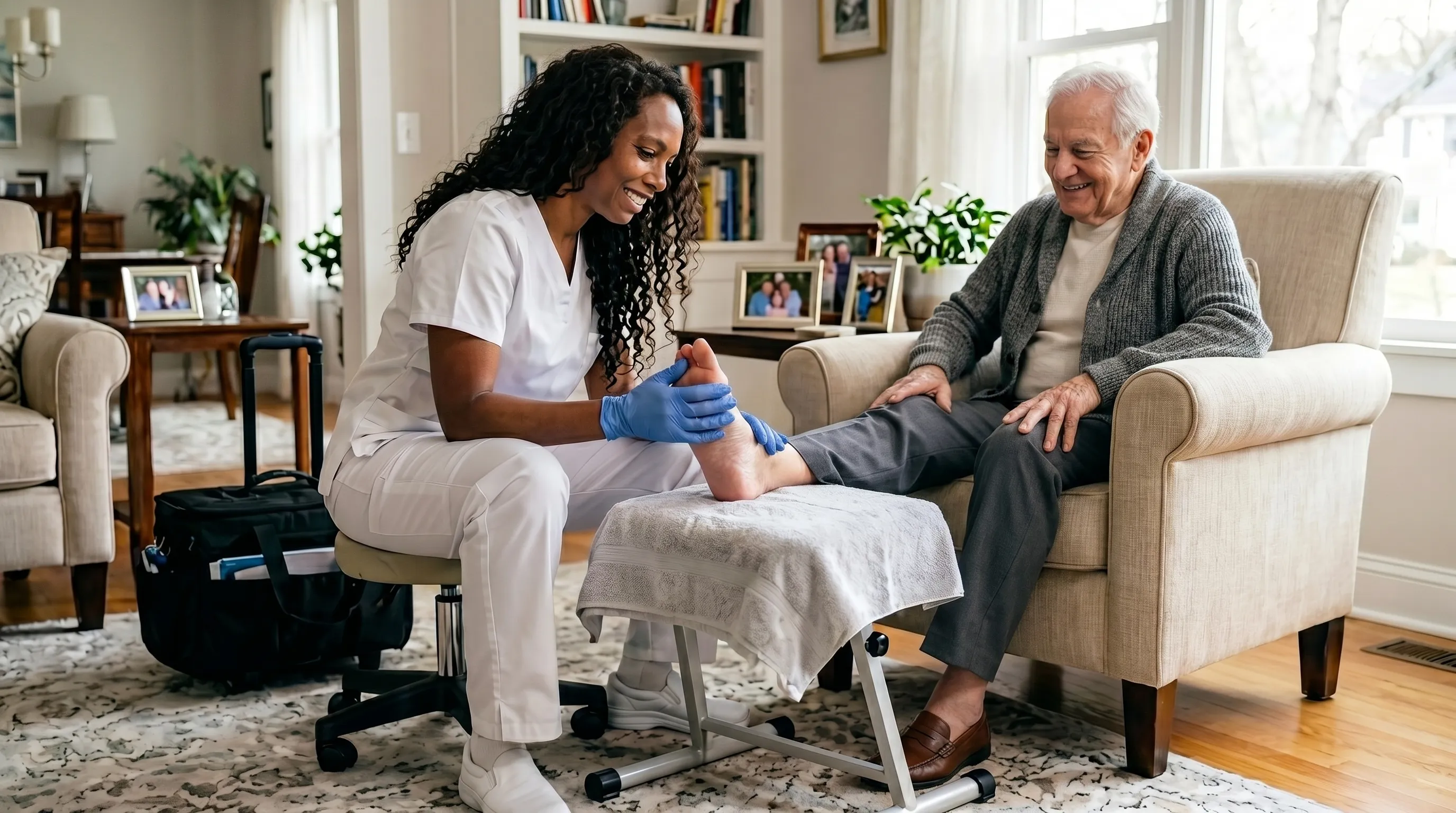 Atendimento de podologia geriátrica com cuidados especiais para os pés de idosos