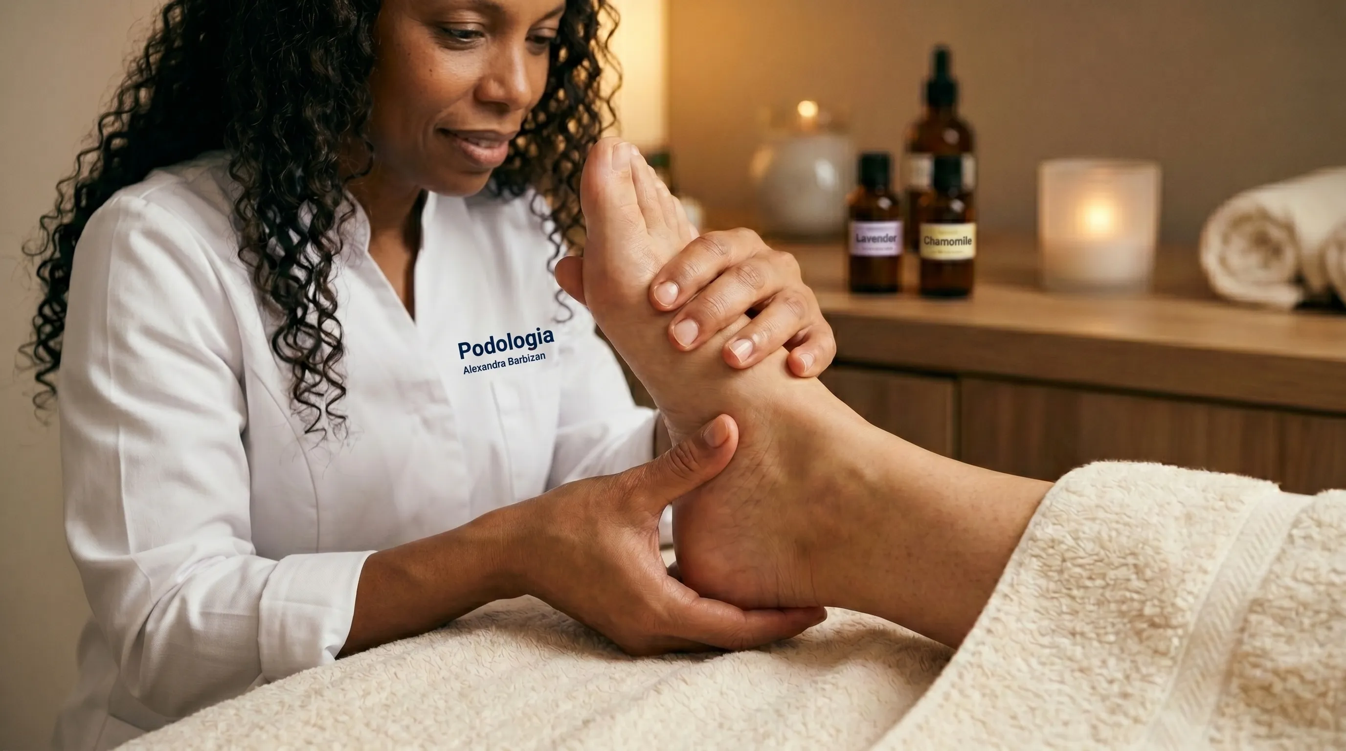 Sessão de massagem terapêutica focada em pontos de reflexologia podal nos pés